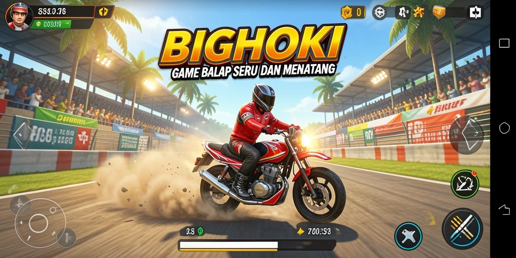 Tampilan gameplay seru di BIGHOKI dengan balapan mendebarkan.