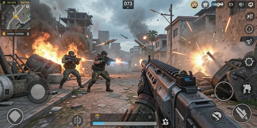 Tangkapan layar dari gameplay D73 yang penuh aksi di dalam pertempuran.