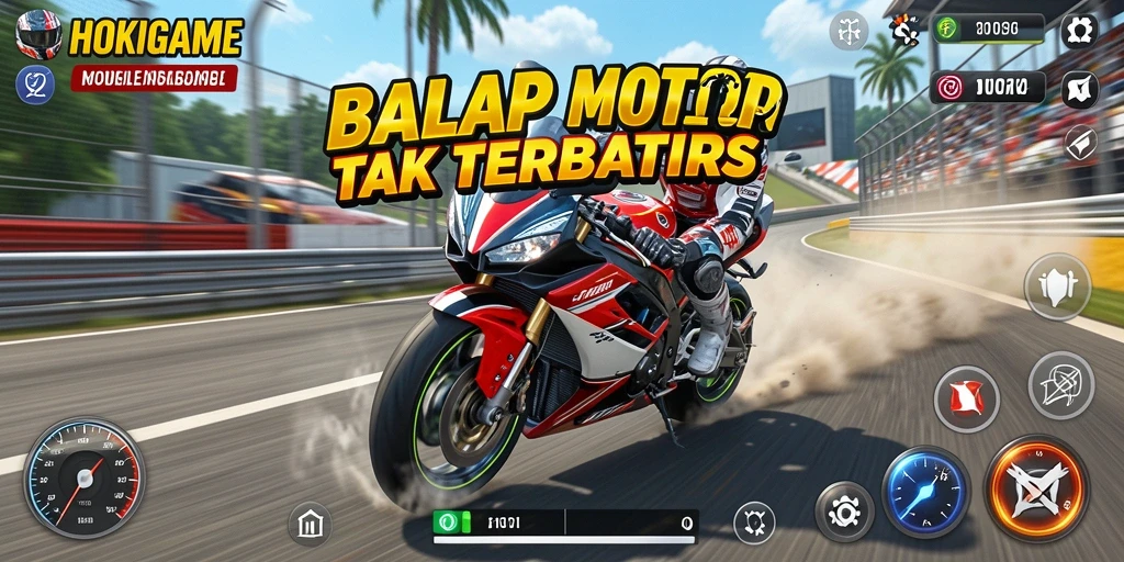 Screenshot HOKIGAME menampilkan aksi balap motor yang seru.