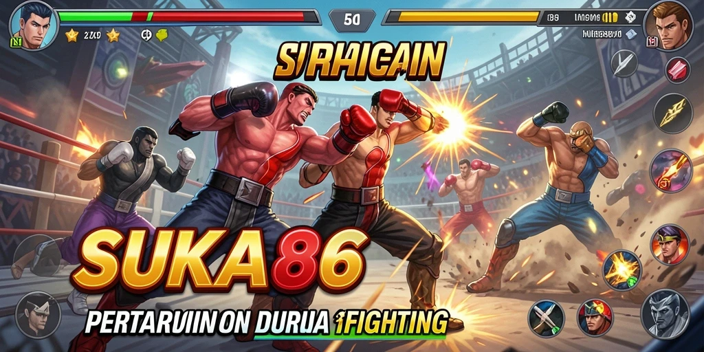 Tangkapan layar gameplay <strong>SUKA86</strong> menunjukkan pertarungan seru antara karakter yang berbeda.