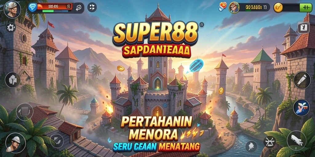 Screenshot permainan SUPER88 menampilkan aksi pertahanan menara yang intens.